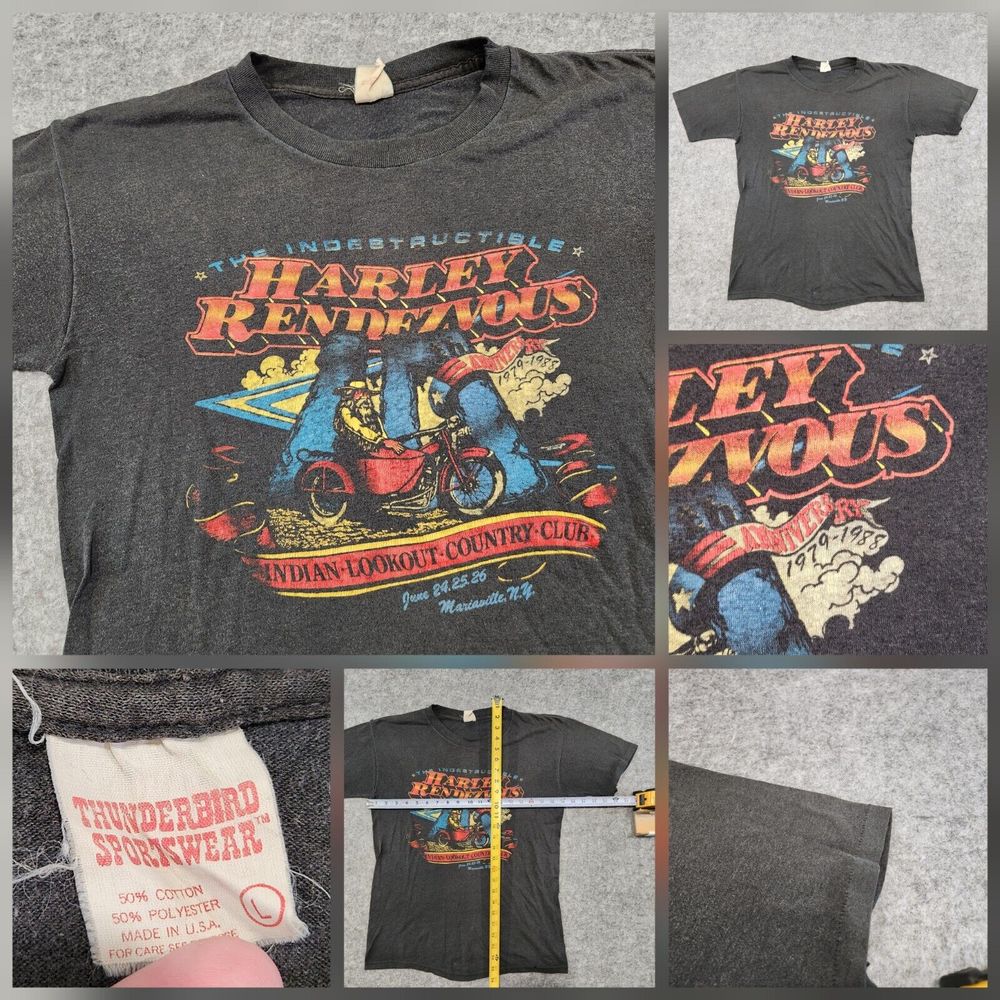 VTG 80s Harley Davidson Motorcycles Rendezvous Indian Club‎ Mens L Large T Shirt